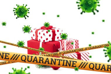 Kendini izole etme, evde tatil, üzerinde karantina ve uçan virüsler yazan sarı bir kurdelenin altında Noel arkaplanı. salgın, covid-19