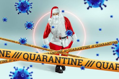 Tıbbi maskeli Noel Baba, karantina bandı ve uçan malekül virüsler. Karantinada noel kavramı, kendini izole etme, salgın hastalık, covid-19.