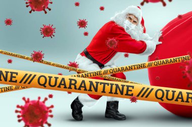 Tıbbi maskeli Noel Baba, karantina bandı ve uçan malekül virüsler. Karantinada noel kavramı, kendini izole etme, salgın hastalık, covid-19. 3B illüstrasyon, 3B canlandırma