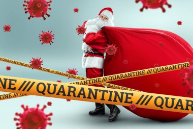 Tıbbi maskeli Noel Baba, karantina bandı ve uçan malekül virüsler. Karantinada noel kavramı, kendini izole etme, salgın hastalık, covid-19. 3B illüstrasyon, 3B canlandırma