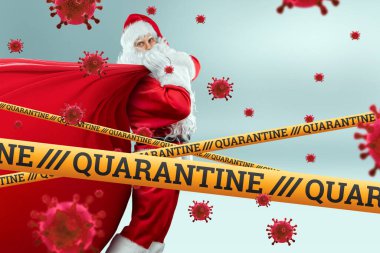 Tıbbi maskeli Noel Baba, karantina bandı ve uçan malekül virüsler. Karantinada noel kavramı, kendini izole etme, salgın hastalık, covid-19. 3B illüstrasyon, 3B canlandırma