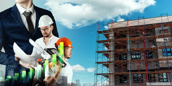 A team of engineers, builders on the background of a construction site. Concept for construction, architecture, design, poster