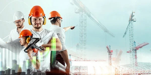 A team of engineers, builders on the background of a construction site. Concept for construction, architecture, design, poster
