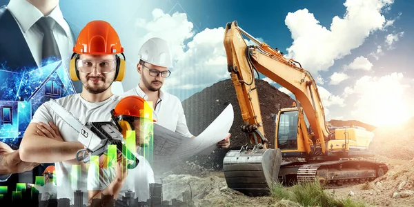 A team of engineers, builders on the background of a construction site. Concept for construction, architecture, design, poster