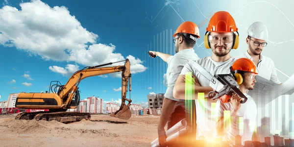 A team of engineers, builders on the background of a construction site. Concept for construction, architecture, design, poster