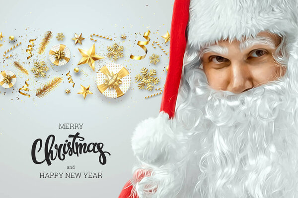 Portrait of a cheerful Santa Claus in a red suit on a light background, inscription Merry Christmas. Mixed media. Concept for Christmas Eve, Vacation, Holiday Banner. 3D illustration, 3D render