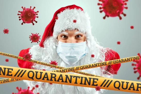 Santa Claus Dalam Topeng Wajah Medis Kaset Karantina Dan Virus — Stok Foto