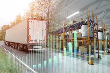 Kamyon ve konteynırlar dijital grafikler. İzleme paketleri, çevrimiçi dağıtım servisi, lojistik uygulamaları