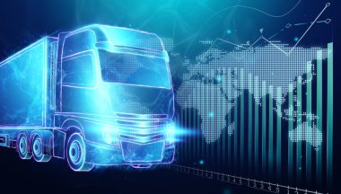 Kamyon hologramı ve dünya haritası mavi arka planda. Paket izleme uygulamaları, çevrimiçi kargo teslimat servisi, lojistik. 3B illüstrasyon, 3B canlandırma