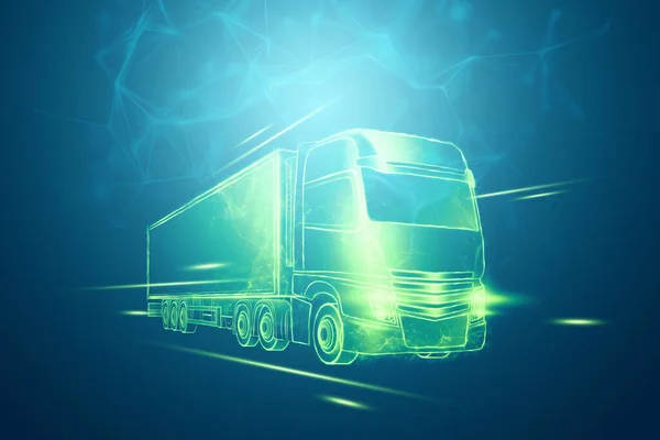 Truck hologram on a blue background. Parcel tracking applications, online cargo delivery service, logistics. 3D illustration, 3D render