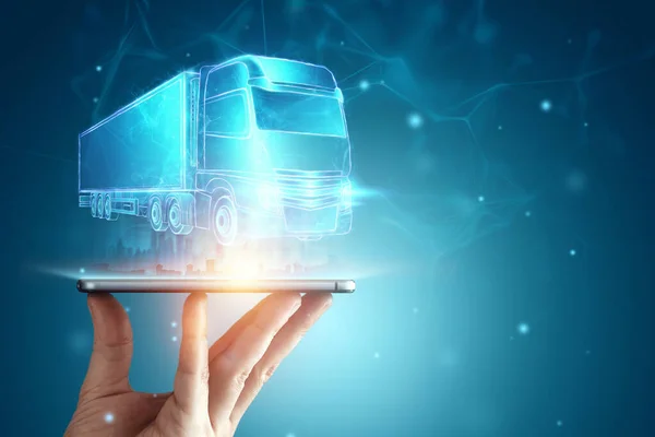 Hologramme Camion Smartphone Applications Suivi Des Colis Service Livraison Fret — Photo