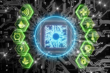 Bir işlemci ve basılı devre kartının arka planında akıllı ev arayüzü hologramı. Otomasyon konsepti, modern ev, yeni teknolojiler. 3B görüntüleme, 3B resimleme