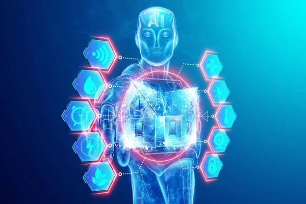 Holograma Inteligencia Artificial Interfaz Inteligente Para Hogar Sobre Fondo Azul —  Fotos de Stock