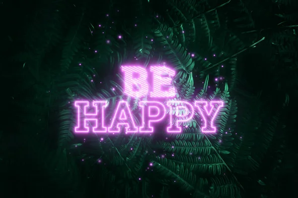 Neon Pembe Yazı Mutlu Olun Yeşil Doğal Bir Arka Planda — Stok fotoğraf