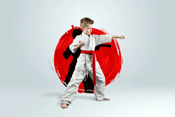 Full Length Portrait Boy White Kimono Red Belt Background Red — Stock Photo, Image