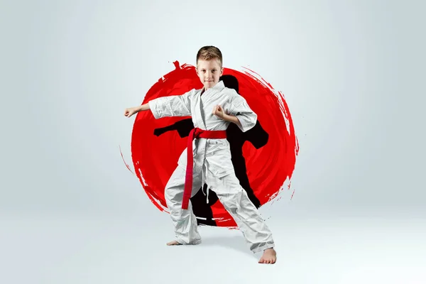 Retrato Completo Niño Kimono Blanco Con Cinturón Rojo Sobre Fondo — Foto de Stock