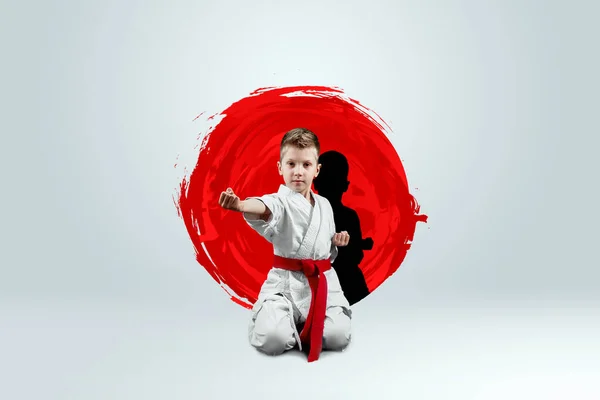 Full Length Portrait Boy White Kimono Red Belt Background Red — Stock Photo, Image