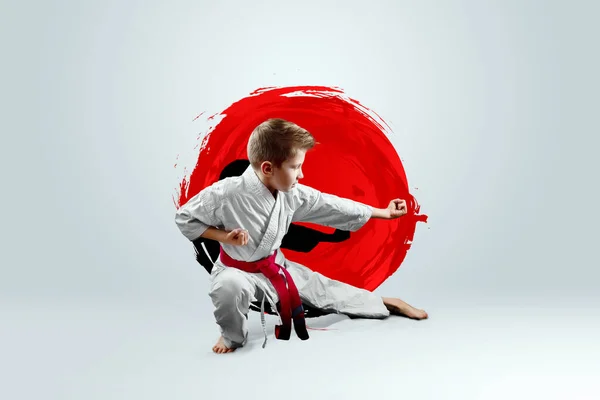 Full Length Portrait Boy White Kimono Red Belt Background Red — Stock Photo, Image
