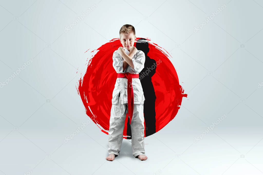 Full-length portrait of a boy in a white kimono with a red belt against the background of a red circle. Karate concept, training, goal, training, achievement