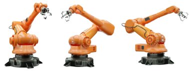 Fabrikadaki robot kol manipülatörü. Sanayi otomasyon teknolojisi. Teknoloji konsepti, akıllı fabrika. Dijital üretim operasyonu. 3B görüntüleme, 3B resimleme