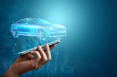 Mobil GPS navigasyon, akıllı telefon ekranından çıkan bir arabanın hologram görüntüsü