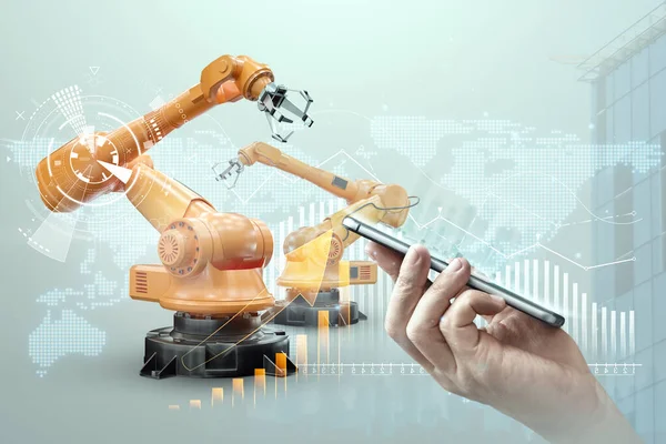 Smartfon Ręku Mężczyzny Robotyczne Ramiona Nowoczesnej Fabryki Koncepcja Technologii Inteligentna — Zdjęcie stockowe