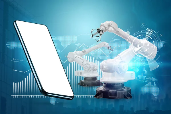 Image of a smartphone on the background of robotic arms, modern factory. Iot technology concept, smart factory. Digital manufacturing operation. Industry 4.0