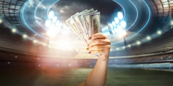 Close Man Hand Holding Dollars Background Stadium Concept Sports Betting — Stock Photo, Image