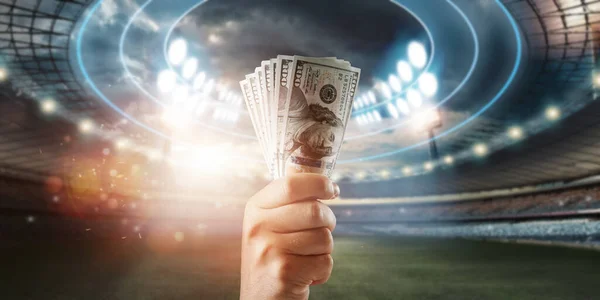 Close Man Hand Holding Dollars Background Stadium Concept Sports Betting — Stock Photo, Image