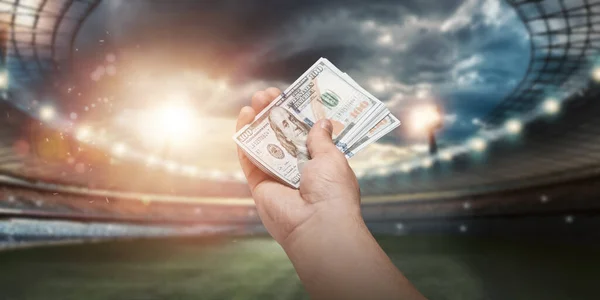 Close Man Hand Holding Dollars Background Stadium Concept Sports Betting — Stock Photo, Image