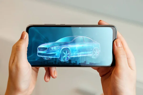 Mobil Gps Navigáció Hologram Kép Egy Autó Elhagyja Okostelefon Képernyőjén — Stock Fotó
