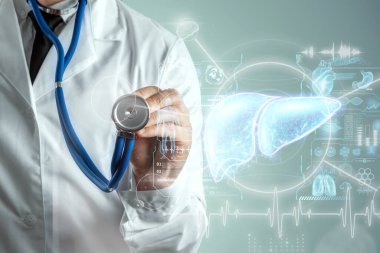 Karaciğer hologramı, karaciğer ağrısı. Teknoloji, hepatit tedavisi, bağış, online tanı. 3B görüntüleme