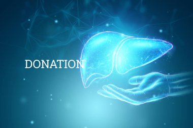 Uzatılmış bir el ve karaciğerin hologramı. İnsan hepatit tedavisi iş konsepti, bağış, hastalık önleme, çevrimiçi tanı. 3B görüntüleme, 3B resimleme