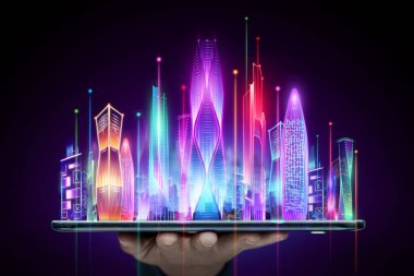 Yaratıcı arka plan, el ele tutuşma tableti ve hologram akıllı şehir, büyük veri aktarım teknolojisi konsepti