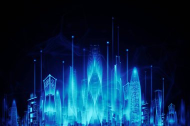 Hologram akıllı şehir gece lambası karanlık arka plan, büyük veri aktarım teknolojisi konsepti. 3B görüntüleme, 3B resimleme