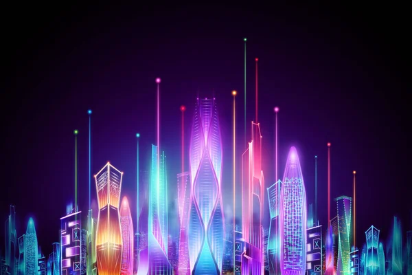 Hologram Smart City Night Neon Dark Background Big Data Transmission — Stock Photo, Image