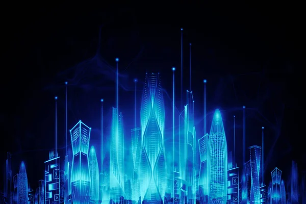 Hologram Smart City Night Neon Dark Background Big Data Transmission — Stock Photo, Image