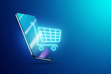 Phone and basket hologram. Online shopping, online store application in a smartphone. Digital Marketing Online. 3D illustration, 3D render