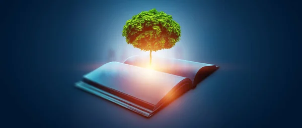 Image of a green tree growing from a book on a blue background. Creative background, concept of extermination of trees, paper production