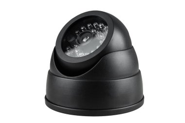 Black CCTV camera isolated on white background. Protection from thieves and vandals, home and office protection