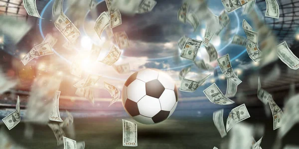 Çevrimiçi Spor Bahsi Stadyumun Arka Planında Düşen Dolarlarla Futbol Topu — Stok fotoğraf