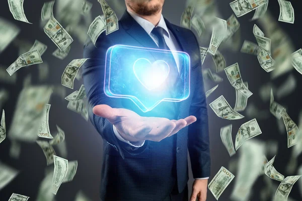 Mão Homem Negócios Segura Holograma Coração Contexto Cair Notas Cem — Fotografia de Stock