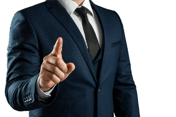 Male Hand Suit Shows Index Finger Gesture Gray Background Navigator — Stock Photo, Image