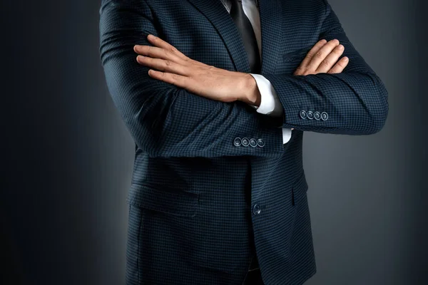 Man Business Suit Stands His Arms Crossed Gray Background Concept — Stock Photo, Image