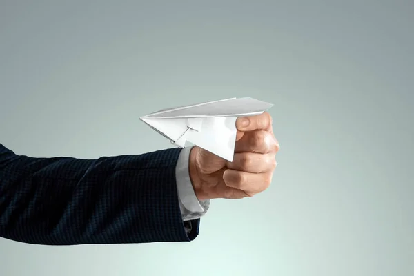 Man Hand Business Suit Holds Paper Airplane Startup Concept Light — Stock Photo, Image