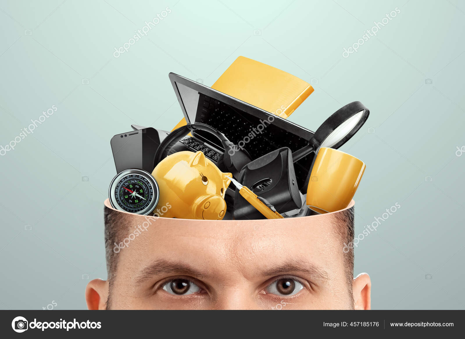 Rubbish Head Man's Head Open Instead Brain Various Office Rubbish Stock