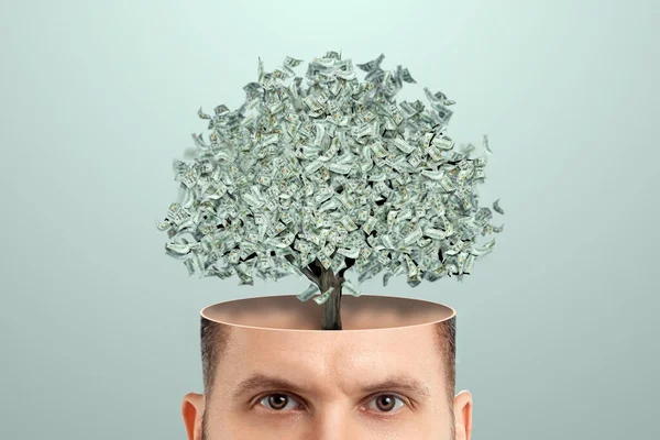 Business thinking, instead of a brain, a money tree sticks out of a man\'s head, dollars. Creative background, business concept, profitable idea, startup