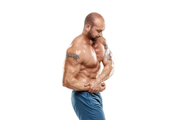 Tatuado Fisiculturista Masculino Posando Sobre Fundo Branco Conceito Treino Fitness — Fotografia de Stock