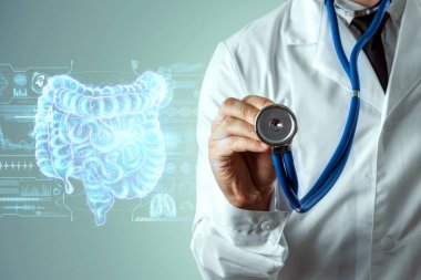 Doktor ve holografik bağırsak taraması. Hayati belirtileri ve tıbbi kayıtları var. Yeni teknolojiler kavramı, vücut taraması, dijital röntgen, karın organları, modern tıp