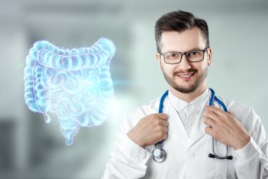 Doktor ve holografik bağırsak taraması. Hayati belirtileri ve tıbbi kayıtları var. Yeni teknolojiler kavramı, vücut taraması, dijital röntgen, karın organları, modern tıp